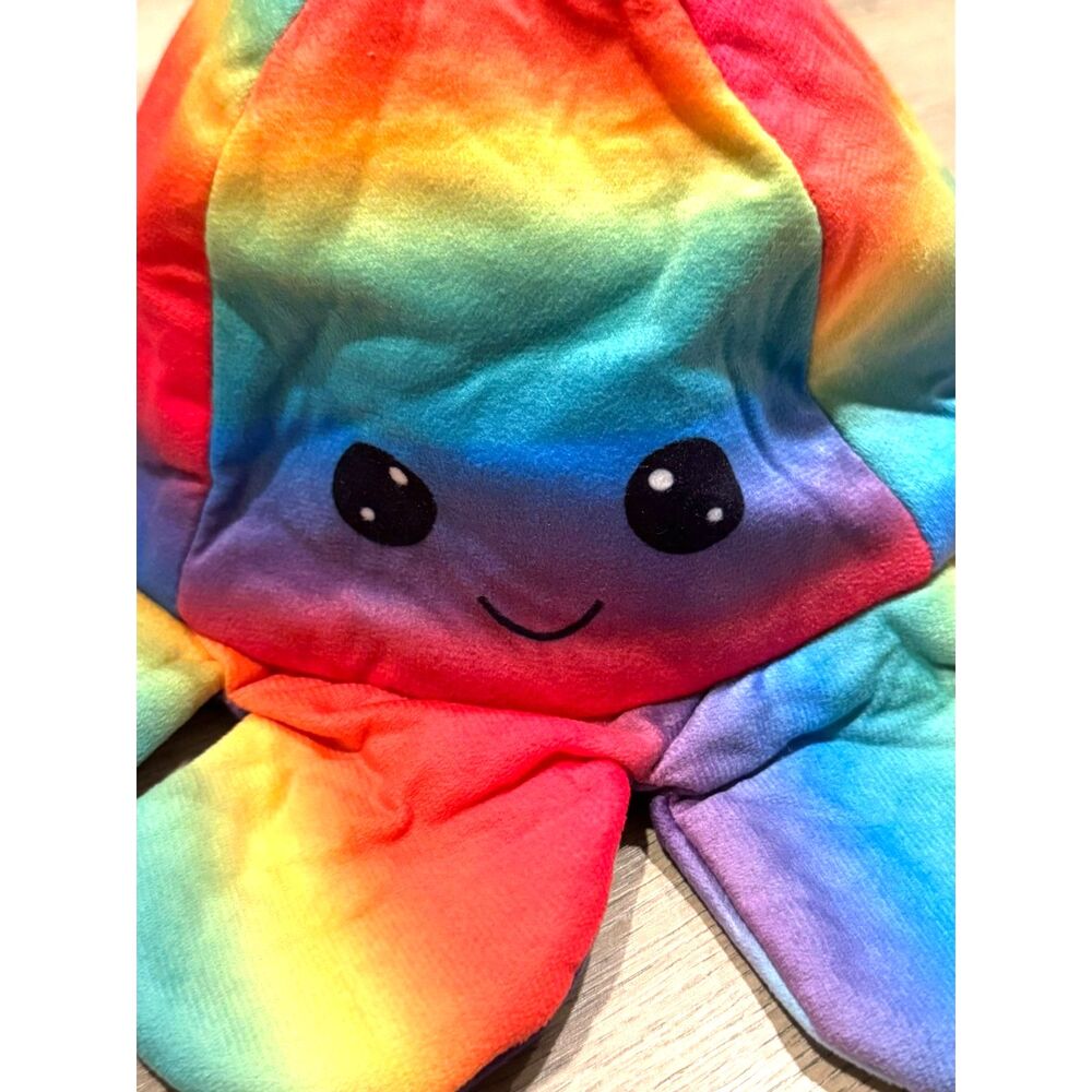Rainbow Flower Plush Reversible Hat Costume Festival Rave Smiley Frown Face NWT